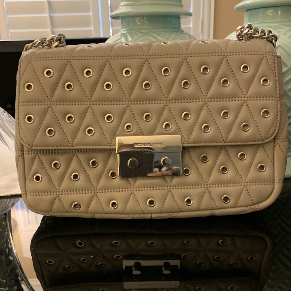 Michael Kors SLOAN Gray Silver Stud Grommet Large Chain Shoulder Bag Crossbody